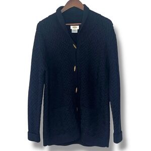 Talbots‎ Women Navy Blue 100% Wool Cardigan Shawl Collar Toggle Button Front L